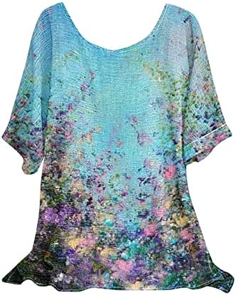 Принцеза самовила проточна блуза женски краток ракав 2023 графички печати цветни лабави вклопни врвни маички за дами LL