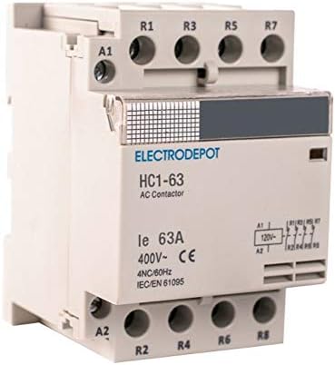 Electrodepot 50 Amp 4 Pole Нормално затворен IEC 400V контактор-110-120VAC калем, индуктивна 30A, отпорна 50A со монтажна база за DIN Rail