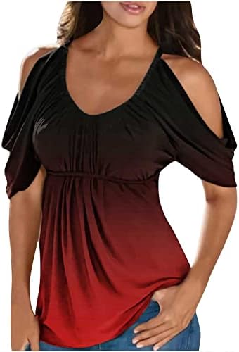 Women'sенски лето надвор од рамената блуза мода градиент во боја, обичен тркалезен врат пулвер, кратки ракави маички Туника врвови