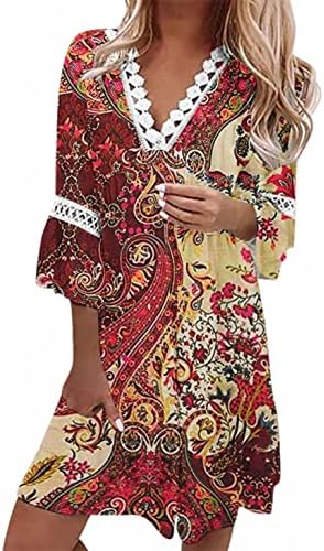 Poiude Women Bohemian Trim Trim Neck Vintage Floral Printed Beach Ethethy Style летен туника смена блуза проток мини фустан