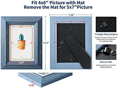 AFLS 5x7 Рамки со слики од дрвени прикази 4x6 со мат или 5x7 без МАТ, сини рустикални фото рамки со вистинско стакло, екранот за монтирање на табелата и wallидот, чисто рачно ?