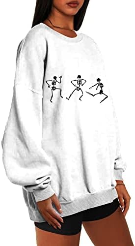 Womenените преголеми гроздобер врвови кошула, женски обичен екипаж со долги ракави со долги ракави со преголема маица Y2K девојки Скелет џемпер