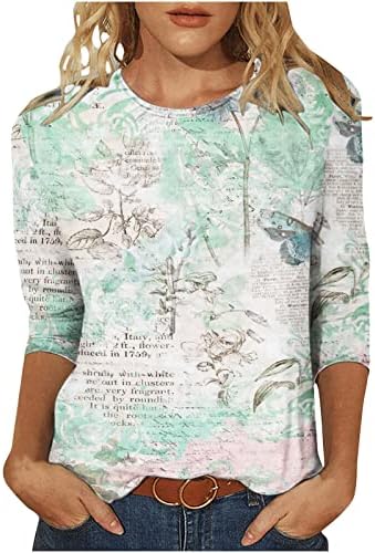 Womenените 3/4 ракави врвови низ целата цветна буква печатена блуза со модни кошули на вратот 2023 пролетно летно облека