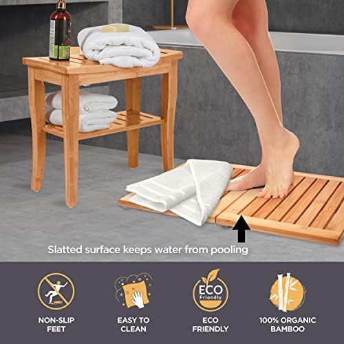 Клупа за туширање и бања мат - сет на бамбус клупа за бања + преклопна бамбус бања мат - додатоци за сауна, разноврсна клупа и подни