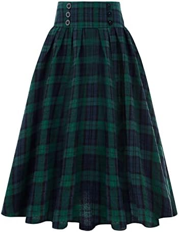 Womenените модни обични карирани здолништа со џебови гроздобер високо половината плетена здолниште со здолниште со здолниште