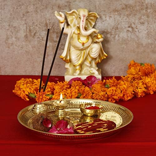 Aashita Creations Laser Work Laxmi Ganesha Puja Thali Set - За Дивали Појан/Поја со соба/Дивали надавање- 9 во
