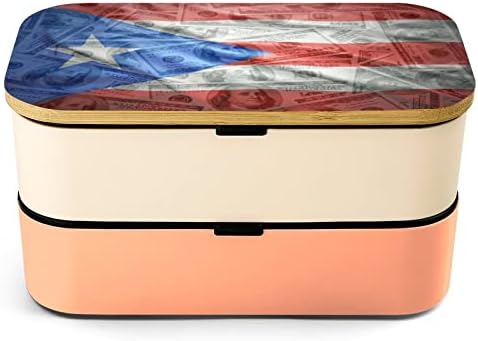 Порториканско Знаме На Долар Пари Двослојна Кутија За Ручек Бенто Со Прибор Поставен Сад За Ручек Вклучува 2 Контејнери