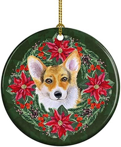 Богатства на Каролина CK1508CO1 Pembroke Corgi Poinsetta Weping Ceramic Ornament, украси за новогодишни елки за дома, виси украс за Божиќ, празник, забава, подарок, подарок, подарок, подарок,