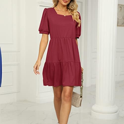 Gdjgta летни фустани за жени 2023 цврста боја квадратна јака краток ракав лабав зашиен плетен фустан