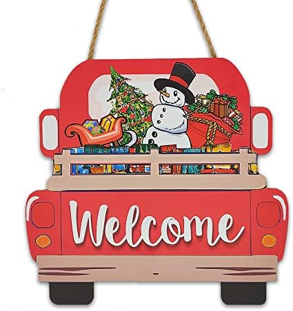 Божиќна врата знак црвен камион со новогодишни елки кои висат знаци дрвени закачалки за врата Божиќ, добредојде на вратите украси за украси