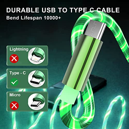 USB A до USB C Light Up Cable за полнење со мулти-контролен прекинувач-4 LED режим на светлина, проток на LED-кабел компатибилен со Samsung