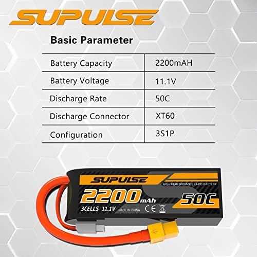 Supulse 2PCS 11.1V 3S 2200MAH 50C LIPO батерија со приклучок XT60, голема огноотпорна експлозија на батерија за липо, безбедна торба за