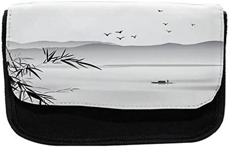 Зачудувачки азиски молив кутија, силуета планини езеро, торба со молив со ткаенини со двоен патент, 8,5 x 5,5, сива црна боја