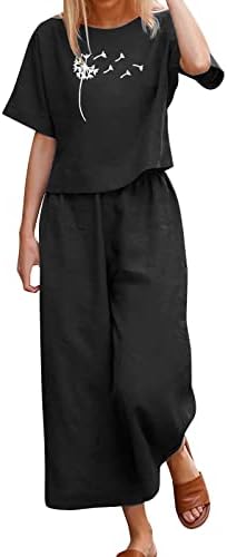 Mtsdjskf женски фустан Пант женски обичен печатење костум за печатење лабава ленена екипаж на вратот со кратки ракави кошула и