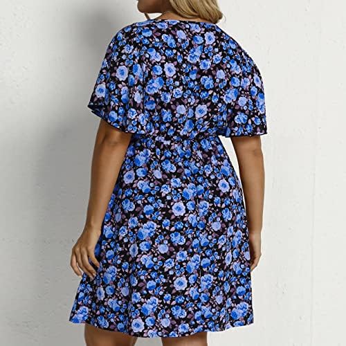 Женски Летен Фустан Со Плус Големина 2023 Обични Блузи За Резервоари Со Кратки Ракави V Фустани Со Печатени Ракави Со Врат Лабав Фустан