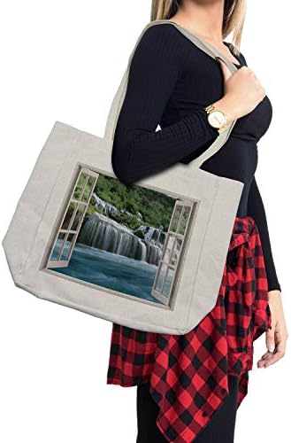 Торба за купување на водопади Амбесон, величествен пејзаж во водопадот низ прозорецот Имагинарен таен рајски принт, еколошка торба за