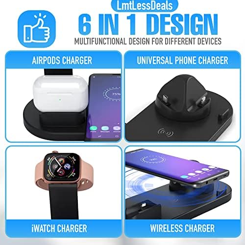Lmtlessdeals 6-во-1 магнетно полнење штанд за мобилни телефони, паметен часовник и безжични ушни уши, поддржува iOS и Android