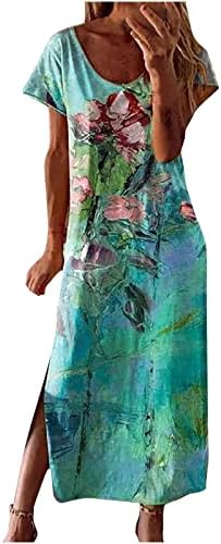 Letterенски летен макси фустан случајно лабаво сликарство цветни печатени долги фустани со краток ракав Сплит трендовски фустан