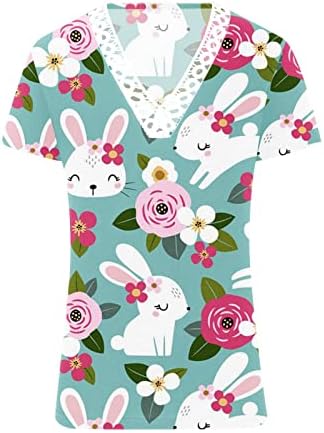 Женски маички со маици обични велигденски врвови чипка V вратот блуза зајаче јајца печати кратки ракави со тркалезни маици со вратот летни
