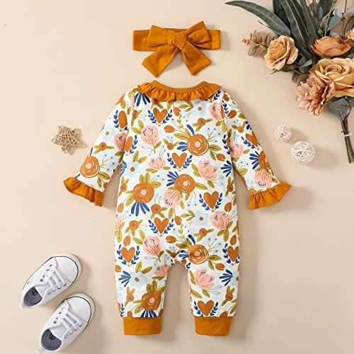 Демохони новородено девојче Ромпер, цветни печати, рафле со долг ракав, едно парче, облечена облека за облека, облека од облека 0-18