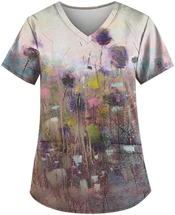Компресија кошула со долги ракави летни врвови за жени со краток ракав со џебни модни принт v вратот маици желка