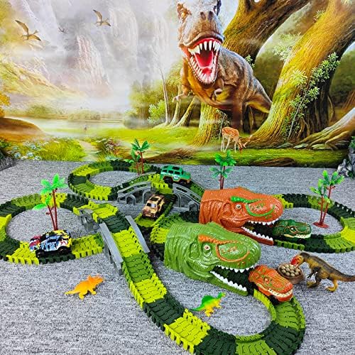 Играчки за диносауруси-381pcs создаваат диносаурус светски пат-тркачки тркачки патеки, флексибилни патеки за воз, 2 електрични тркачки автомобили со возила со светла