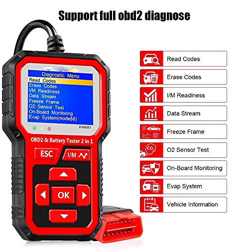 Genigw KW681 6V 12V Тестер за батерии на батерии за автомобили OBD 2 Автоматски дијагностички алатка 2 во 1 2000 CCA CAR Diagnostics OBD2 скенер