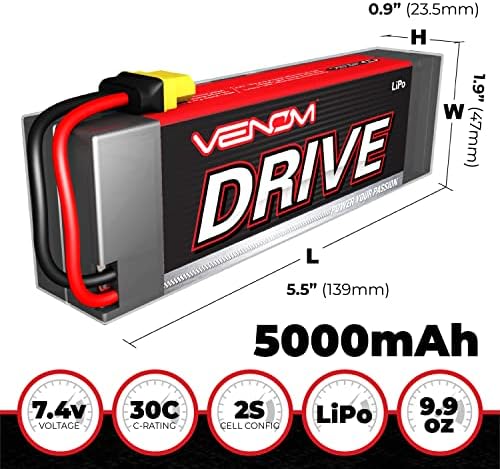 Venom 30C 2S 5000mAh 7.4V тврда кутија LIPO батерија - RC Battery Pacter за повеќето 1/10 четкани RC чамци и 2WD/4WD CAR/CAR/камиони без
