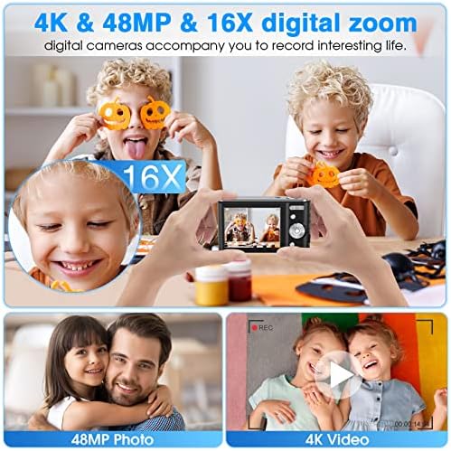 Дигитална камера, NSOELA 4K FHD 48MP Детска камера со 32 GB картичка, компактна точка и фотоапарат за снимање, 2,8 LCD екран, 16x дигитален зум,