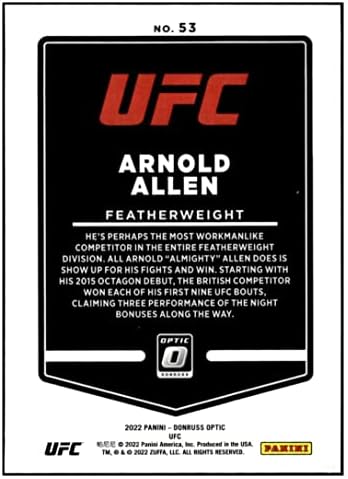 Arnold Allen 2022 Donruss Optic UFC #53 Инаугуративно издание NM+ -MT+ MMA борба