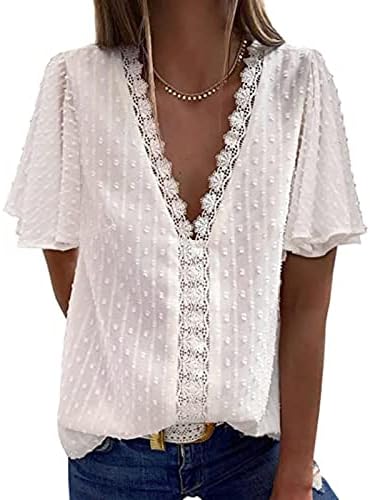 Вклучување на деколте чипка шифон блуза за жени со краток ракав опуштен бренд џакард обични врвови маички дами