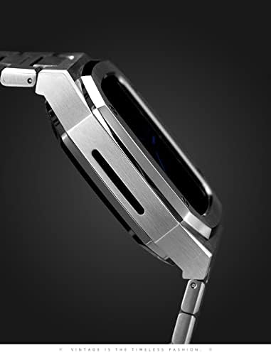Случајот со лента од не'рѓосувачки челик Aemall за модификација на опсегот на Apple Watch 45mm 44mm 41mm Метал мод комплет поставен за iWatch Series 7 6 SE 5 4 3 2 1