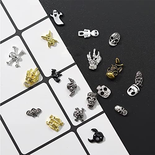 10 парчиња сребрени 3Д скелети за Ноќта на вештерките легури украси за нокти, череп метални нокти уметнички шарми хорор маникир сјајни