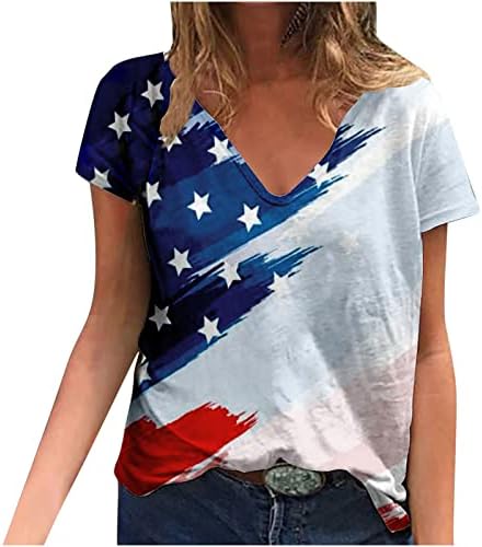 Womenенски кошула краток ракав vneck Американско знаме графичко лабаво вклопување преголема опуштена фит бранч врвна мета за девојки sv