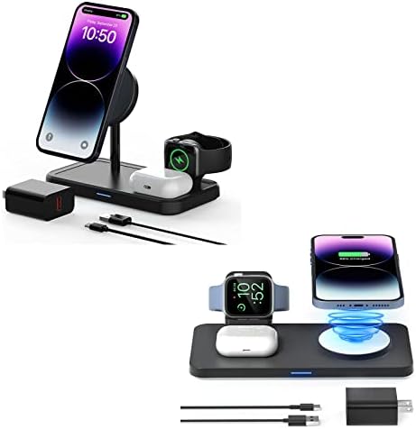 Geekera 3 во 1 магнетски безжичен полнач и MAG Safe Wireless Pad Pad Pad Station за iPhone за Apple Watch за AirPods, T1801 и T260105