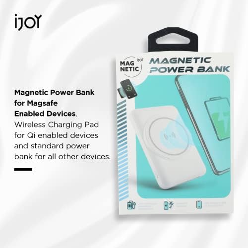 Ijoy Magnetic Power Bank- 5000 mAh Преносен полнач за полнач Компатибилен со Magsafe- Безжичен полнач со молња/USB/USB C порта- банка за