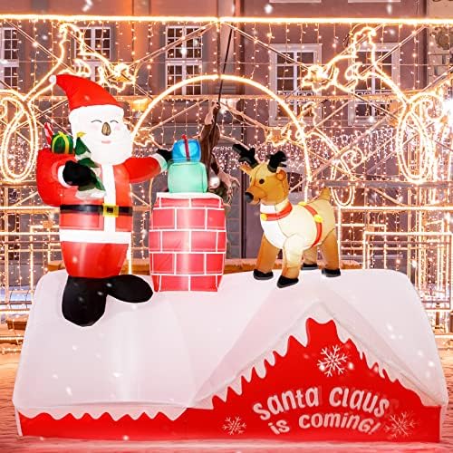 JOYDECOR 8ft Дедо Мраз и ирваси кои стојат покрај оџакот на покривот Божиќна надувување декорација, вградена ЛЕР, сезона во затворен двор, Брз воздух разнесена, црвена бо