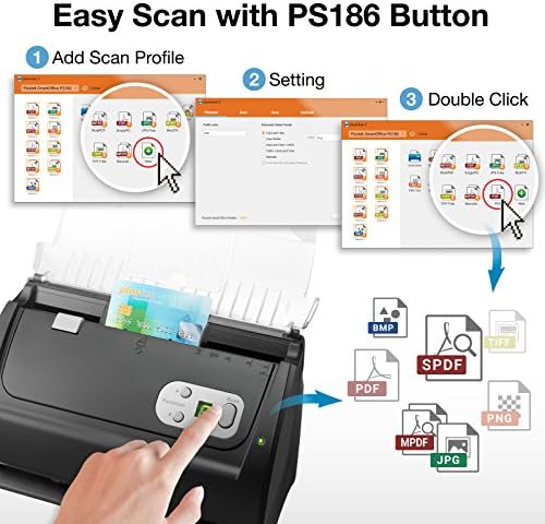 Скенер за документи за документи PLUSTEK PS186, со автоматски фидер за автоматски документи од 50 страници. За Виндоус 7/8/10/11