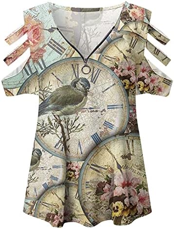 Јаија блуза маица за девојки Краток ракав 2023 од памукот на рамото vneck zip up графички печатење цветна блуза jz