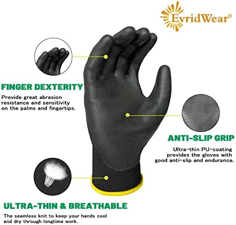 Evridwear 12 пара PU обложени нараквици Ултра-тенки анти-лизгачки латекс безбедносна ракавица за мажи и жени лесна работа