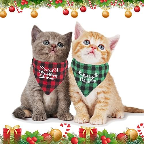Адогиго Божиќни Јаки За Мачки Отцепени Со Ѕвонче, 2 Пакети Прилагодлива Јака Од Мачка Бандана Со Среќен Божиќен Дезен, Црвено Зелени Карирани