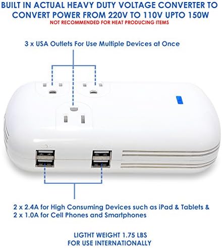 CEPTICS 150W конвертор на напон на патување со 3 места + 4 USB влезови - пакување без фрустрација