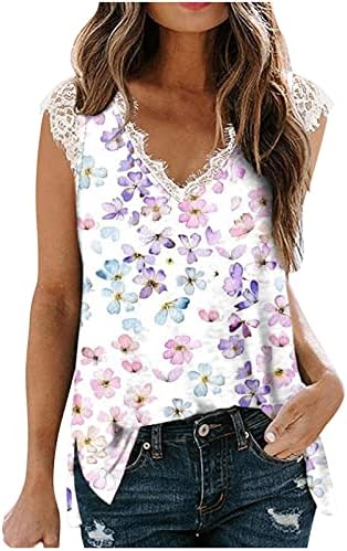 V Блуза со кошула за вратот за жени со цвеќиња со цвеќиња од лабава ракавици за сплит на врвовите на летната чипка за шилеста за шиење на чипка