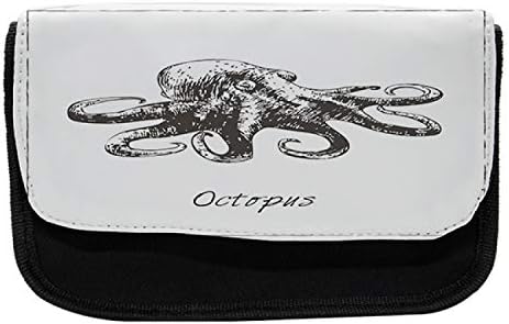 Зачудувачки случај на молив во октопод, морски временски теми пипала, торба со молив со ткаенини со двоен патент, 8,5 x 5,5, црно бело