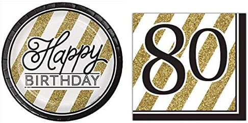 Црна И Златна Среќен 80-Ти Роденден Пакет Со Хартиени Плочи и Салфетки за 16 Гости