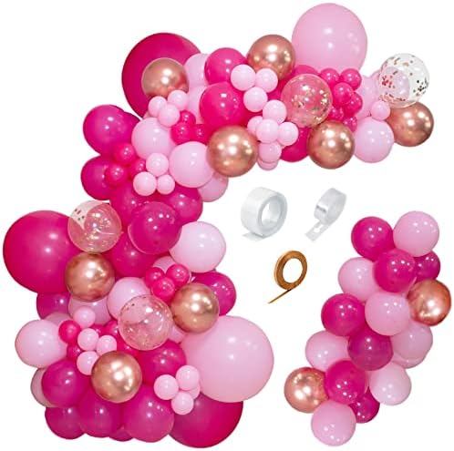 142 парчиња Розова Балон Венец Лак Комплет, Топла Розова Розова Злато Метални Конфети Балони За Жени Роденден Принцеза Тема Невестински