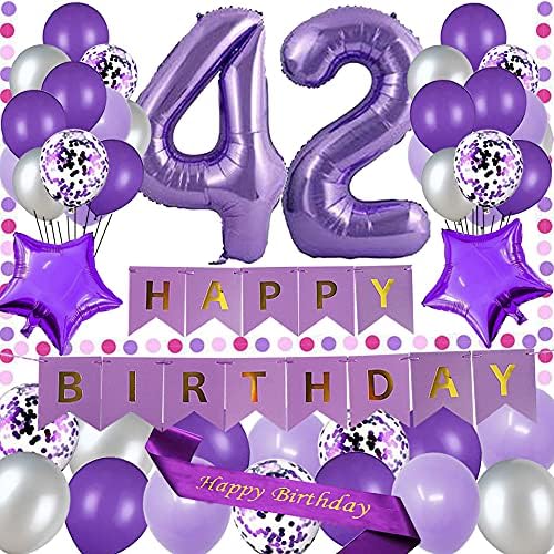 Јуџијасамо 42 Декорации За Роденден Виолетова Среќен Роденден Хартија Банер Виолетова 40инчен Број 42 Среќен роденден Појас Латекс И Конфети Балони