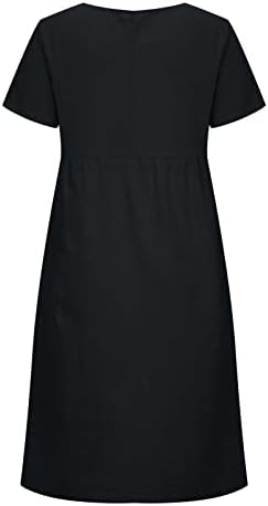 Lutmanенски летен моден моден солидна боја со кружен врат Краток ракав памучен постелнина со џеб плус големина летни фустани