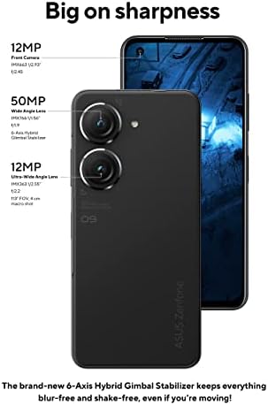 Asus Zenfone 9 мобилен телефон, 5,9 ”FHD+ 2400x1080 AMOLED 120Hz, IP68, 4300mAh батерија, 50MP/12MP двојна камера, 12MP фронт, 8 GB RAM меморија, 128 GB, 5G LTE отклучен со двојна СИМ, црна, AI2202-8G128G-bk [US верзија]