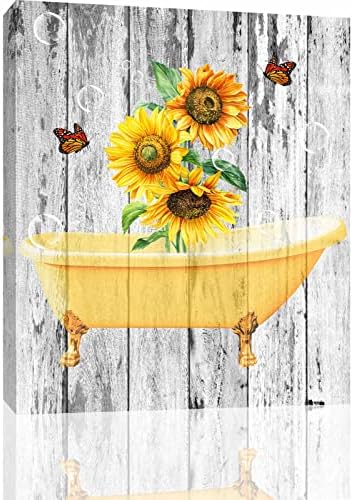 Fotric сончоглед бања wallидна уметност сончоглед пеперутка када платно слика wallид декор жолто сончоглед сива рустикална позадина уметност печатена врамена слика